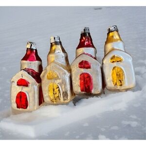 Vintage Mercury Glass Church Christmas Ornaments Set of 4 Red Gold‎ Silver MCM